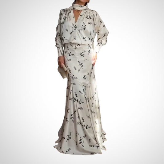 Elegant White Floral Print High Neck Maxi Dress - WOOLX