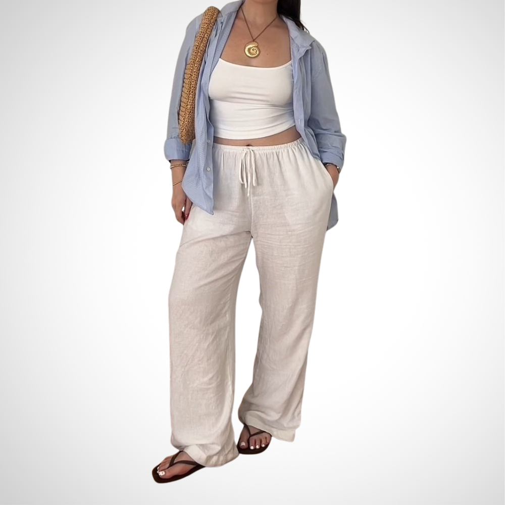 Casual Light Blue Shirt And White Linen Pants Set - WOOLX