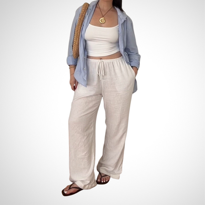 Casual Light Blue Shirt And White Linen Pants Set - WOOLX