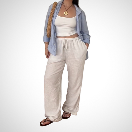 Casual Light Blue Shirt And White Linen Pants Set - WOOLX