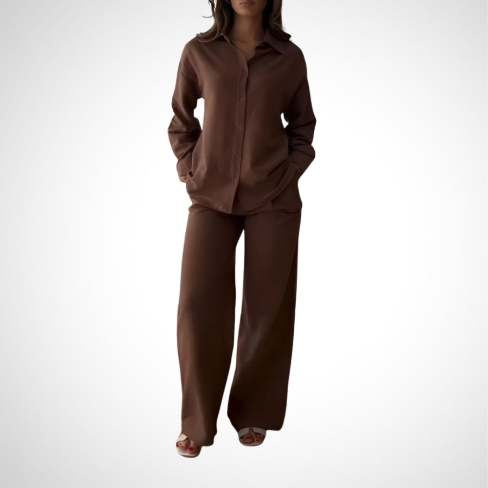 Sophisticated Brown Long Sleeve Shirt And Wide Leg Pants Set - WOOLX