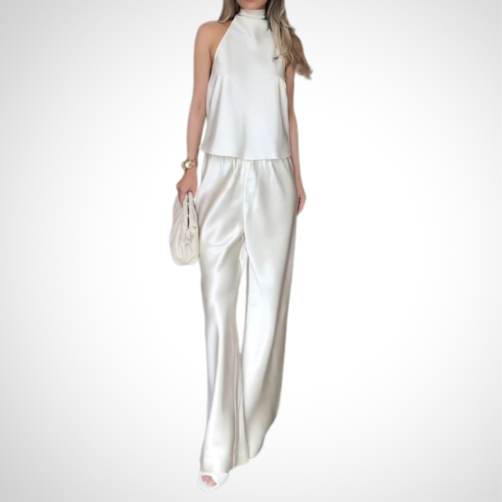 Sophisticated Satin Halter Neck Top And Wide Leg Pants Set - WOOLX