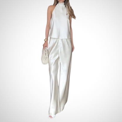 Sophisticated Satin Halter Neck Top And Wide Leg Pants Set - WOOLX