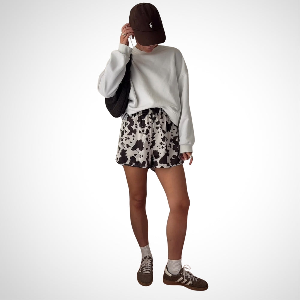 Casual White Sweatshirt With Cow Print Shorts Outfit Set - WOOLX