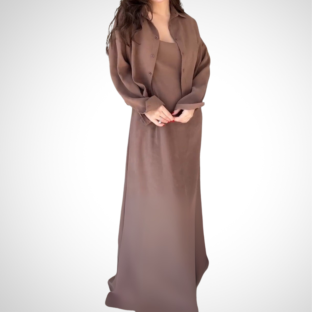 Sophisticated Chocolate - Brown Button - Up Shirt And Maxi Dress Set - WOOLX