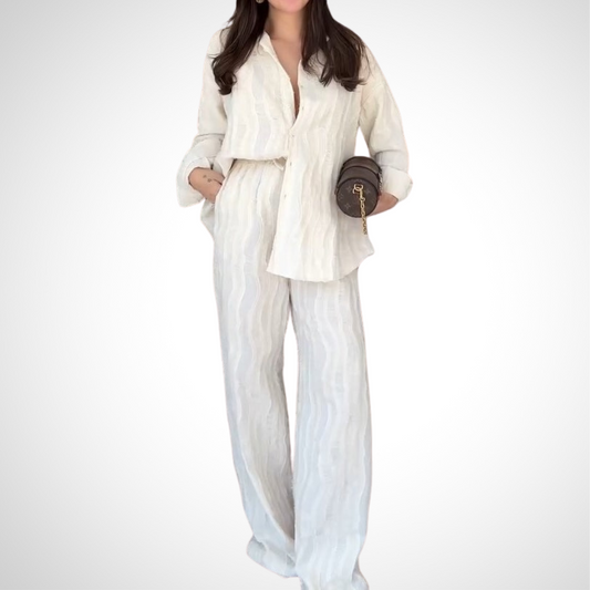 Chic Textured White Button Down Shirt And Wide Leg Pants Set - WOOLX