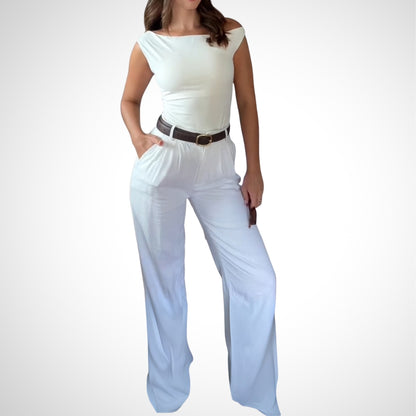 Elegant White Off Shoulder Top And Wide Leg Pants Set - WOOLX
