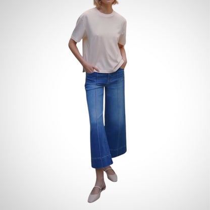 Casual Beige T Shirt And Blue Wide Leg Jeans Set - WOOLX
