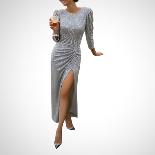 Silver Sequin Ruched Midi Dress With Puff Sleeves And Side Slit - WOOLX