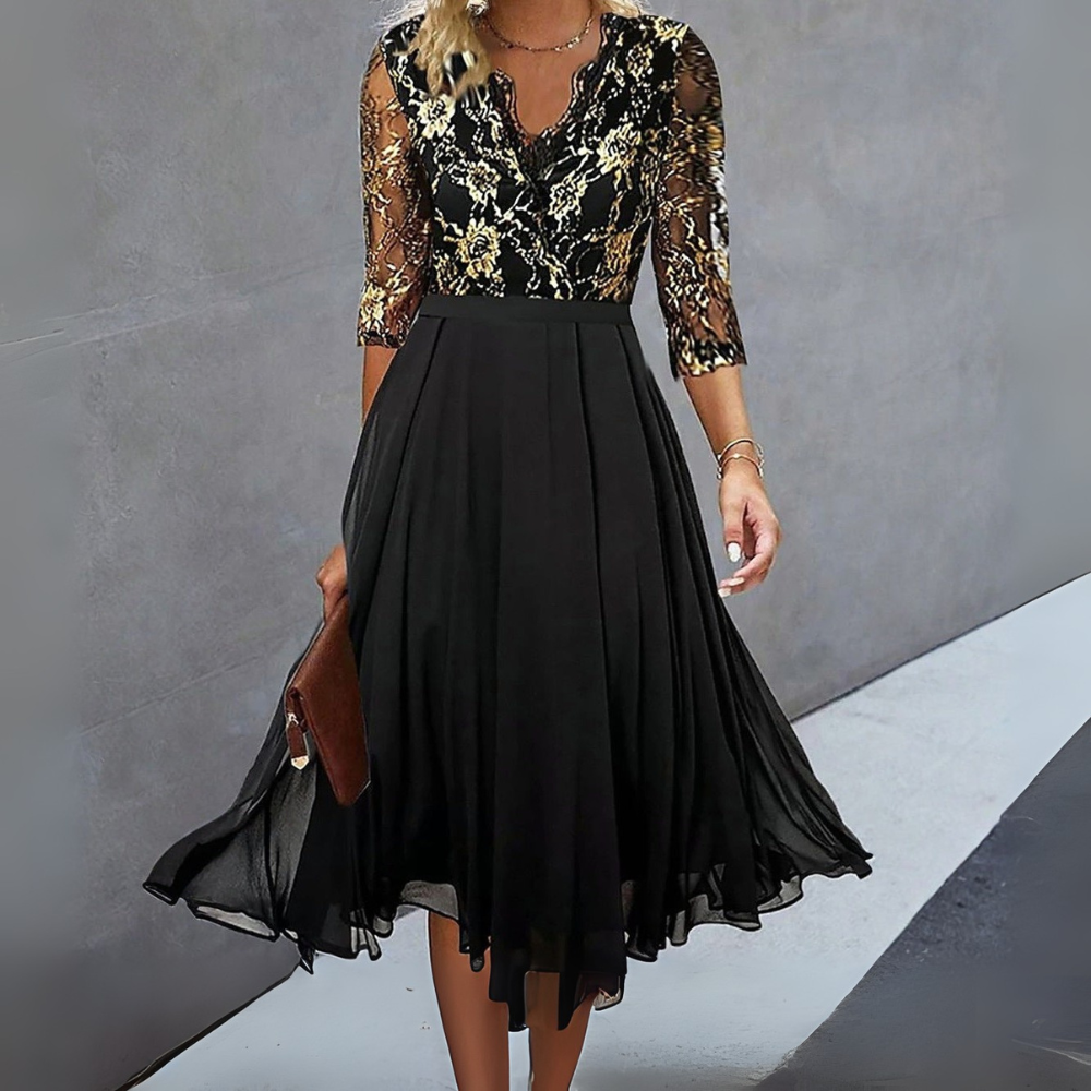 Black & Gold Lace Top Chiffon Midi Dress - WOOLX