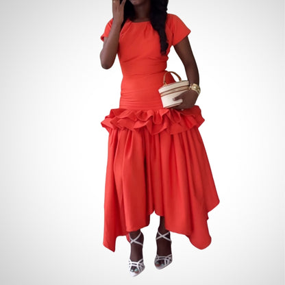 Short Sleeve Flouced Patchwork Dress - WOOLX