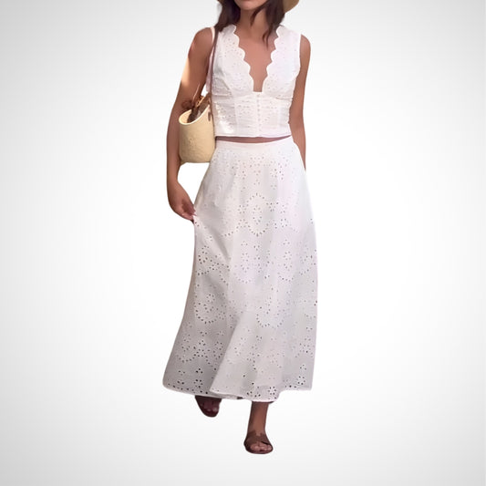 Chic White Eyelet Crop Top And Midi Skirt Set - WOOLX