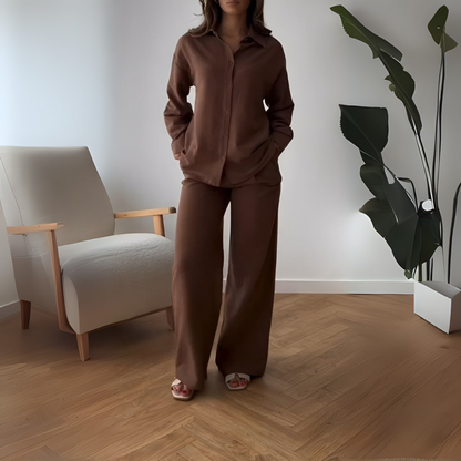 Sophisticated Brown Long Sleeve Shirt And Wide Leg Pants Set - WOOLX