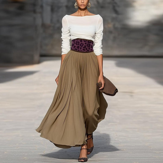 Boat Neck Top & Leopard Print Belted Pleated Maxi Skirt Set - WOOLX