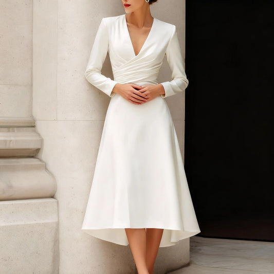 Classic Long Sleeve V-Neck Midi Dress