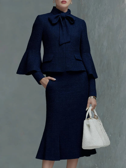 Elegant Neckline Bow Tie Trumpet Sleeve Jacket Skirt Tweed Set