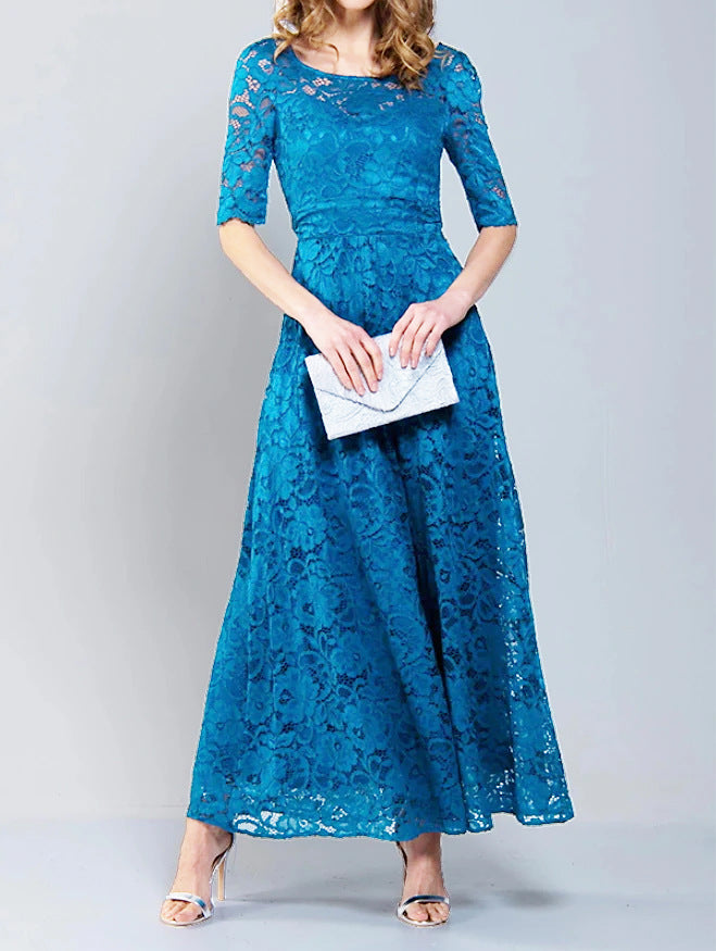 Lace hollow dress round neck solid color evening dress - WOOLX