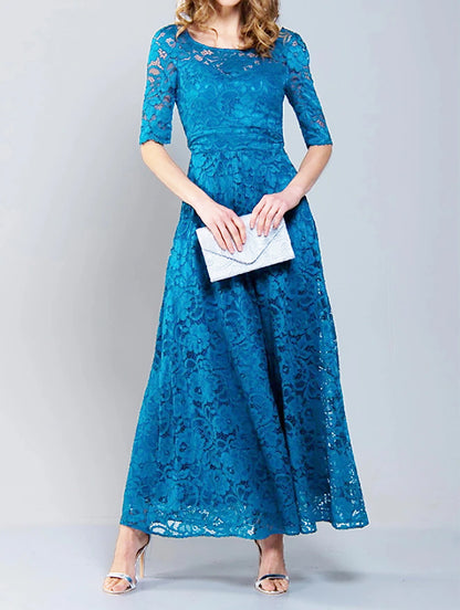 Lace hollow dress round neck solid color evening dress - WOOLX