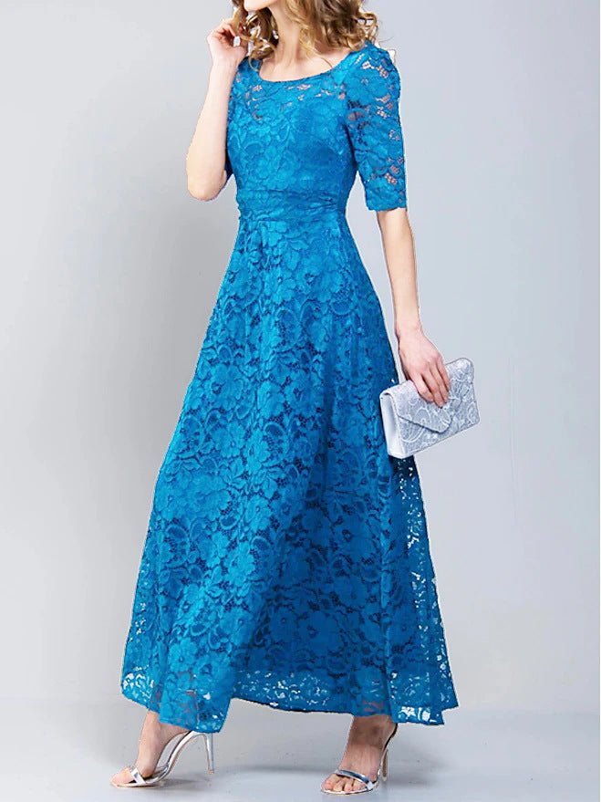 Lace hollow dress round neck solid color evening dress - WOOLX