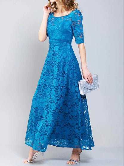 Lace hollow dress round neck solid color evening dress - WOOLX