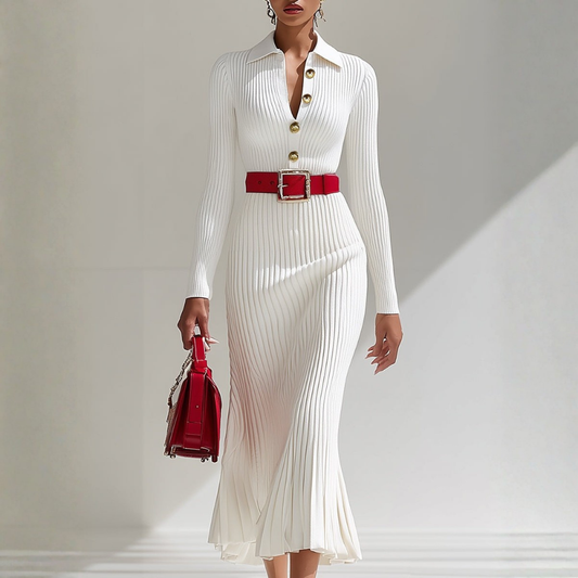 White Wool Lapel Button Design Maxi Dress