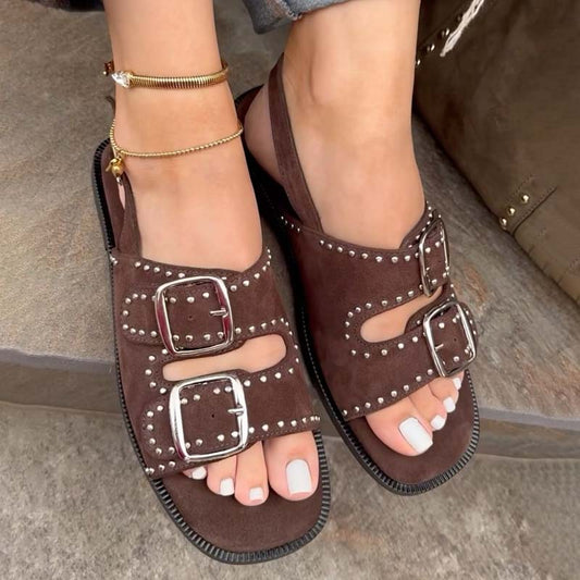 Studded Double Buckle Flat Sandals - WOOLX