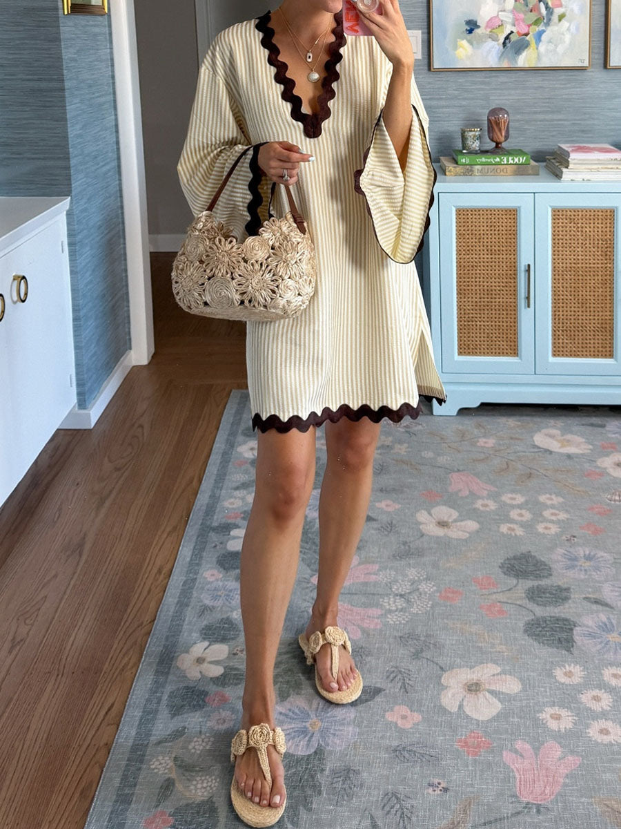 Long Bell Sleeves V-neck Patchwork Dress - WOOLX