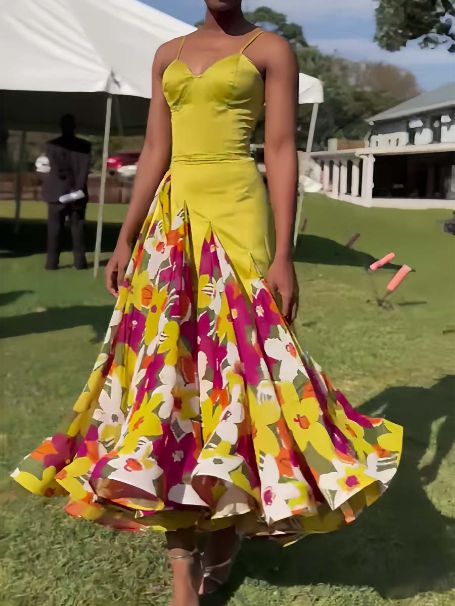 Floral Print Patchwork Sling Dress - WOOLX