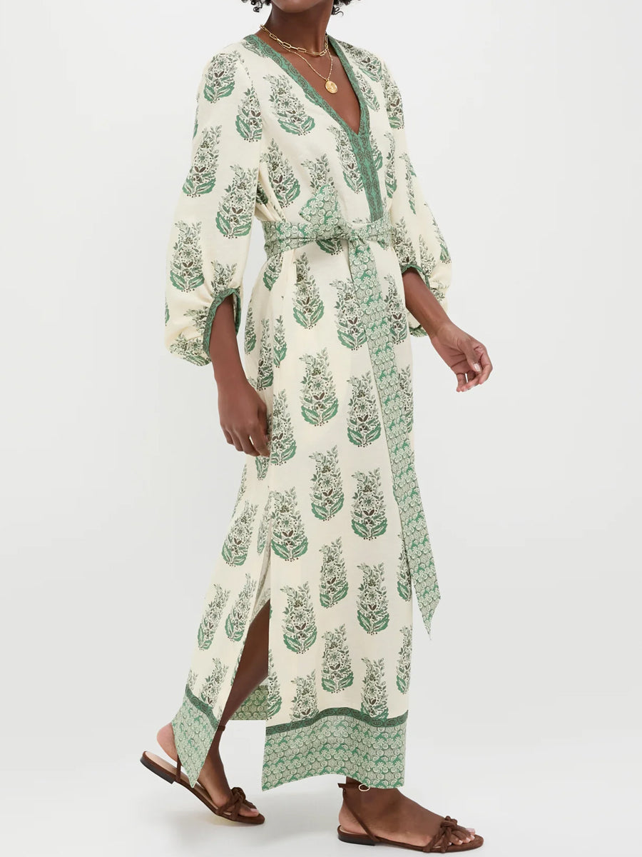 Printed V Neck Balloon Sleeves Dress - WOOLX