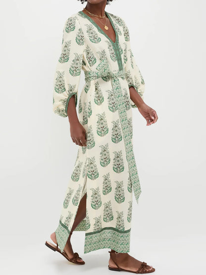Printed V Neck Balloon Sleeves Dress - WOOLX
