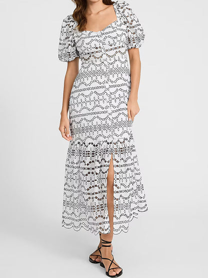 Eyelet Puff Sleeve Button Front Tiered Maxi Dress - WOOLX