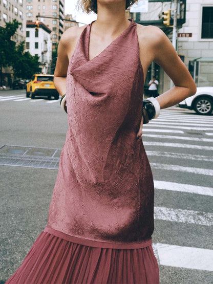 Elegant Sleeveless Patchwork Pleated Hem Dress - WOOLX