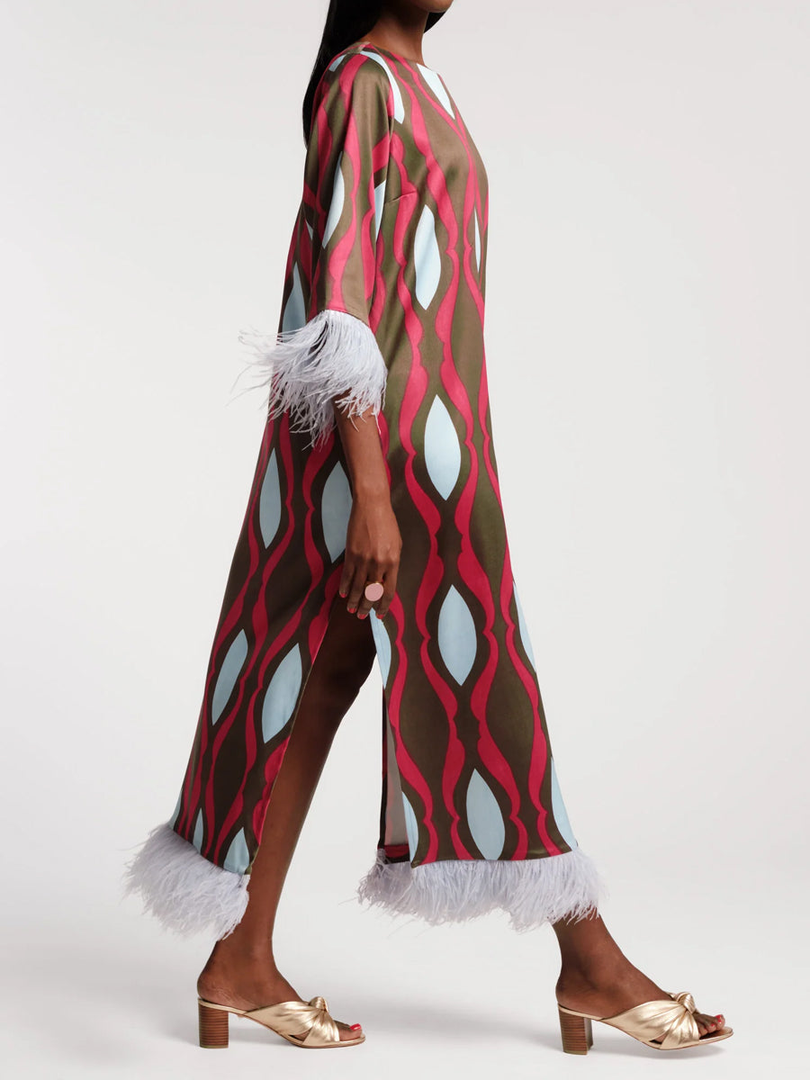Geometric Print Faux-feather Cuff Maxi Dress - WOOLX