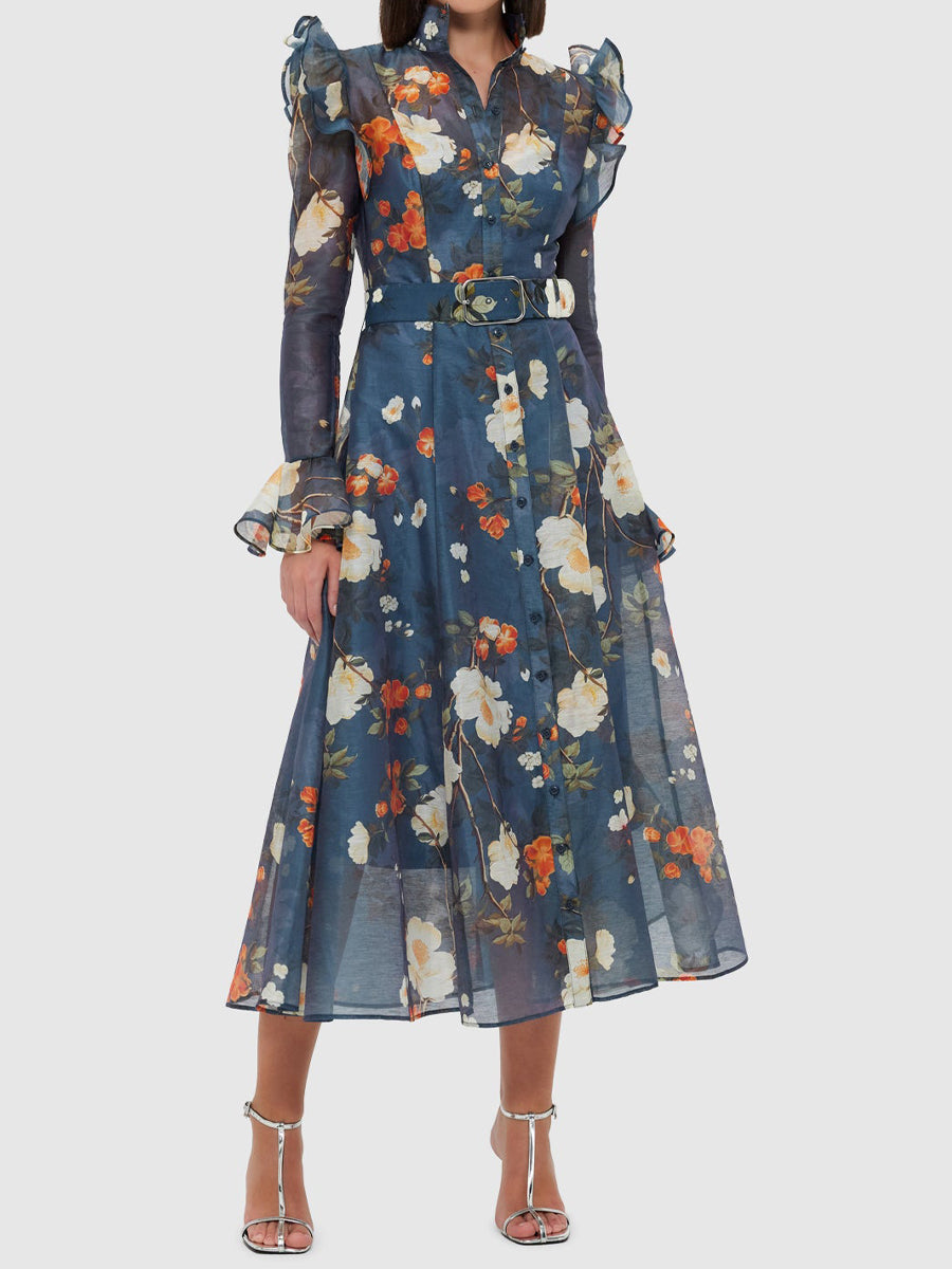 High Collared Neck Printed Ruffled Dress - WOOLX