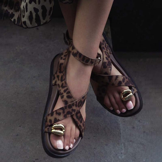 Leopard-Print Thick-Toe Platform-Button Sandals - WOOLX