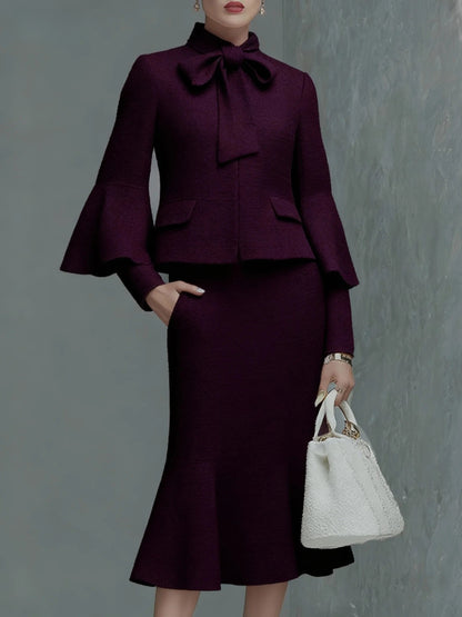 Elegant Neckline Bow Tie Trumpet Sleeve Jacket Skirt Tweed Set
