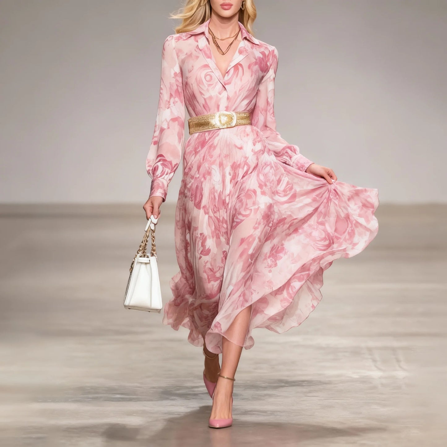 Romantic Floral Print Collar Maxi Dress