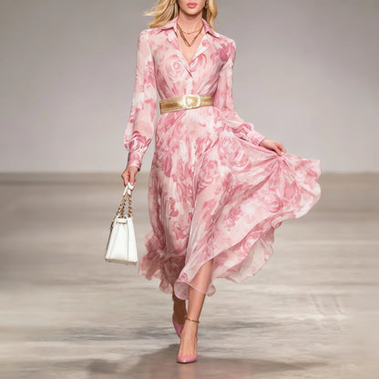 Romantic Floral Print Collar Maxi Dress