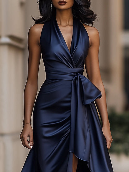 Midnight Elegance Satin Ruffle Gown