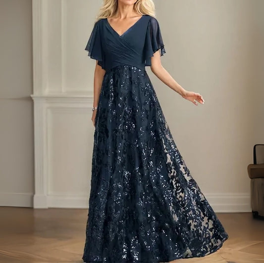 Navy Sequin Lace Flutter-Sleeve Maxi Dress