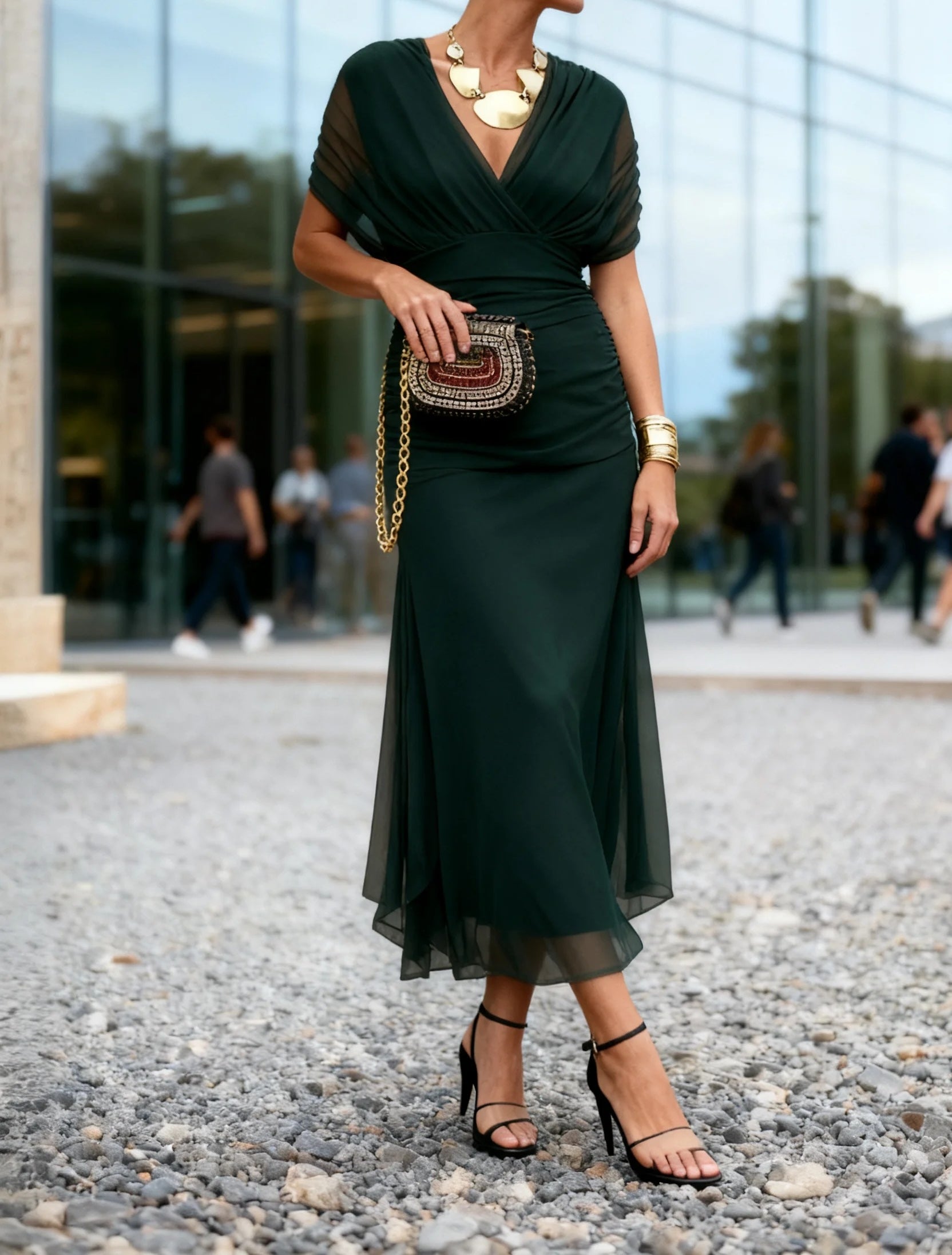 Dark Green Chiffon Maxi Dress - WOOLX
