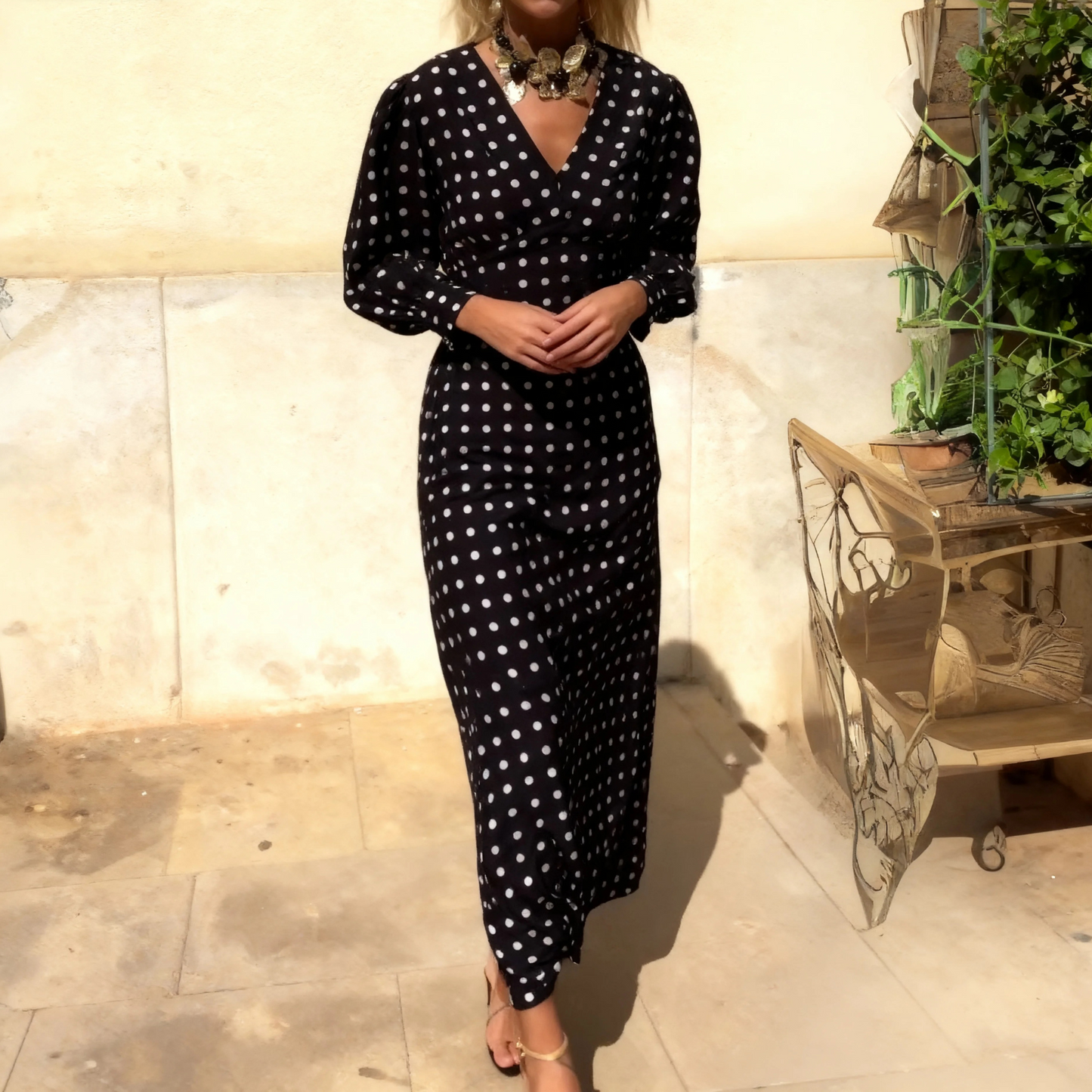 Black Polka Dot V-Neck Long-Sleeve Maxi Dress