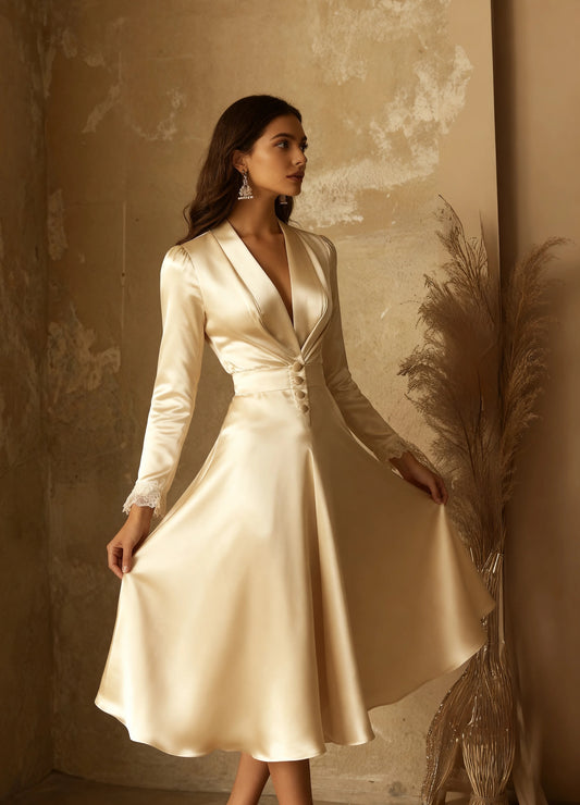 Champagne Satin Deep V-Neck Midi Dress