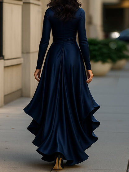 Midnight Elegance Satin Ruffle Gown