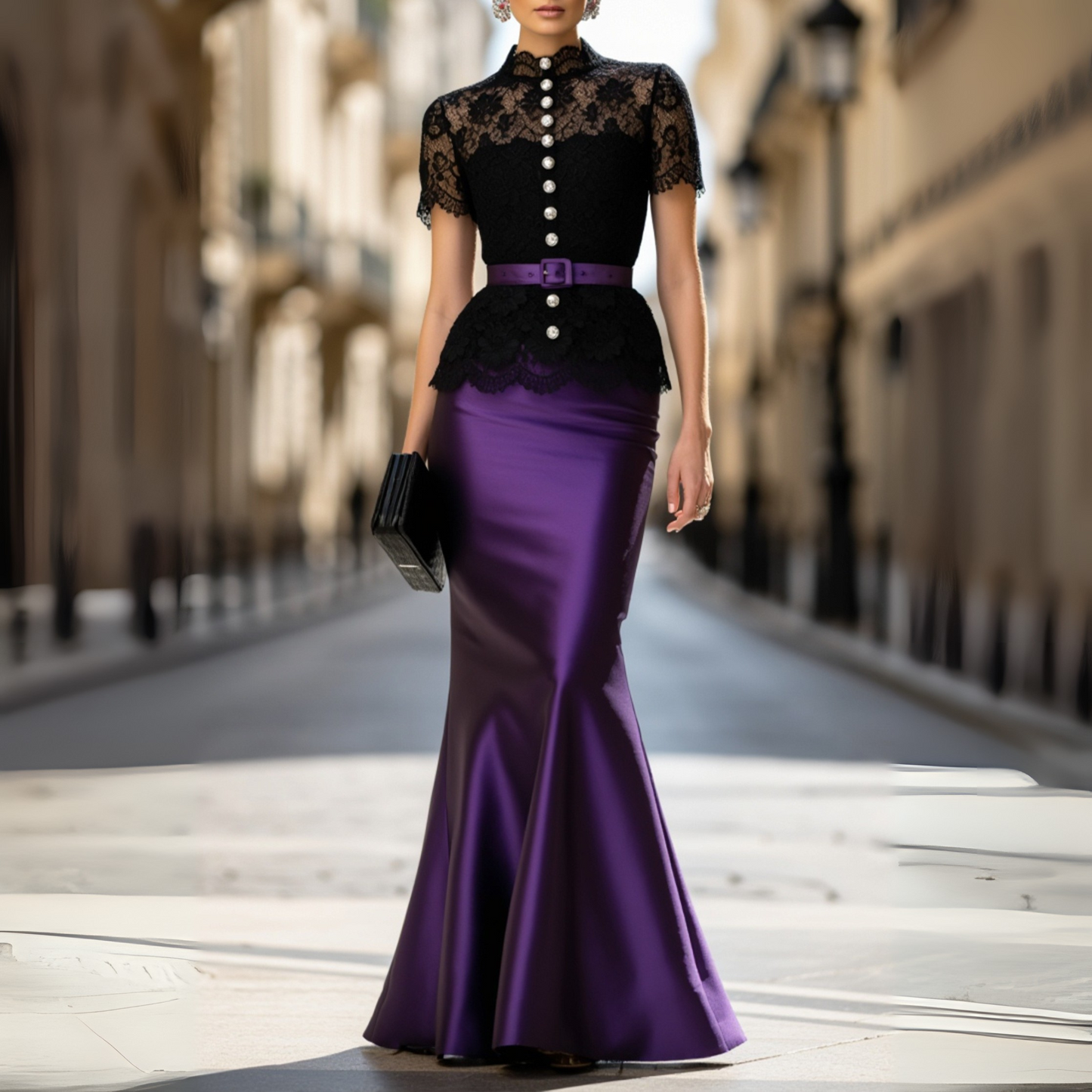 Evening Set Black Lace Belted Top With Purple Mermaid Maxi Skirt