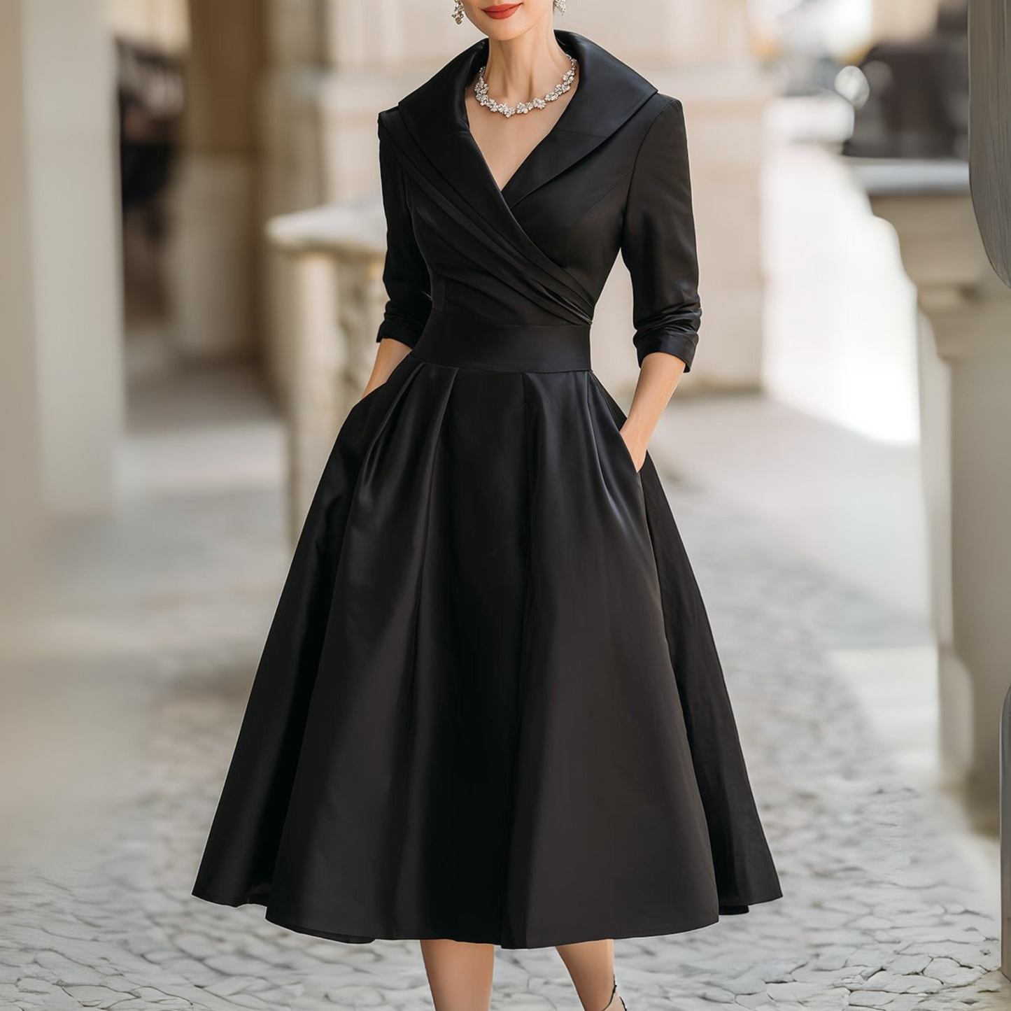 Vintage-Inspired Satin Midi Dress With Draped Collar