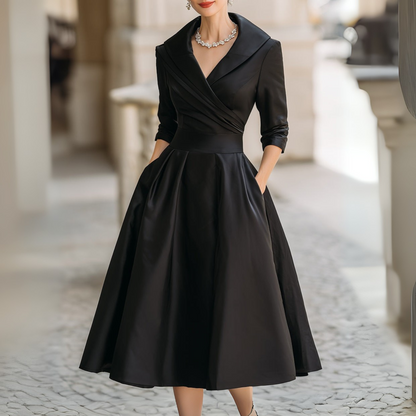 Vintage-Inspired Satin Midi Dress With Draped Collar