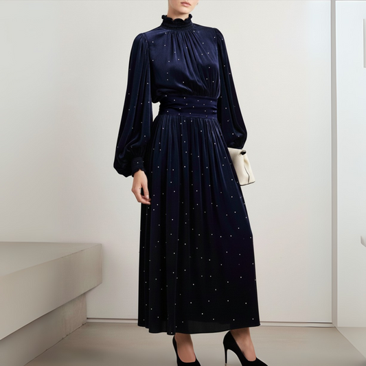 Elegant Retro Stand Collar Rhinestone Velvet Dress