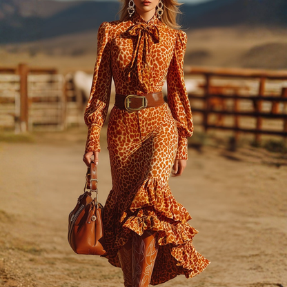 Retro Fashion Ruffled Orange Leopard Velvet Maxi Dress