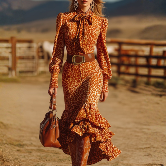 Retro Fashion Ruffled Orange Leopard Velvet Maxi Dress